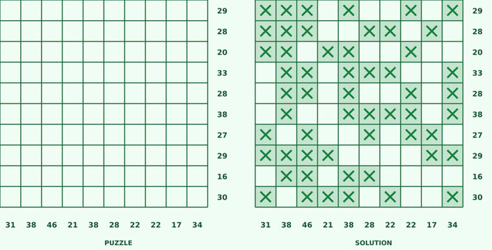 Kakurasu logic puzzle series with numbered grids and filled solutions. Clean vector illustration for brain teasers, printable worksheets, and educational activity books