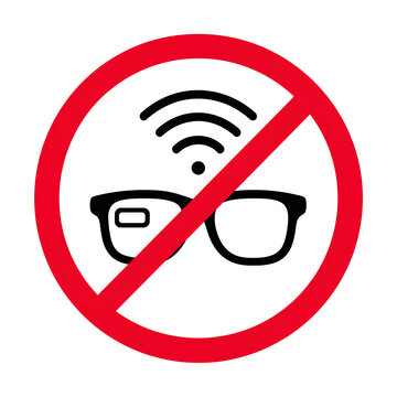 No Smart Glasses Allowed Sign Icon. Red Circular Prohibition Symbol Forbidding the Use of Smart Eyewear with Wireless Connectivity and AI Features for Privacy and Safety Protection.