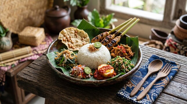 A vibrant traditional Indonesian Nasi Campur platter served on a rustic wooden table.