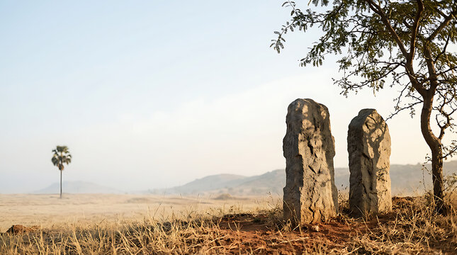 Ancient stone monuments in a dry rural landscape at sunset