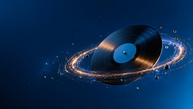 Vinyl record spinning in a cosmic space with sparkling stars  