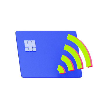 3D illustration of credit card with wireless signal waves for digital banking, contactless payment, tap to pay, NFC technology, and secure digital transaction.