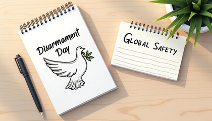 Fototapeta premium Notepad with disarmament day text and dove next to global safety note on wooden desk