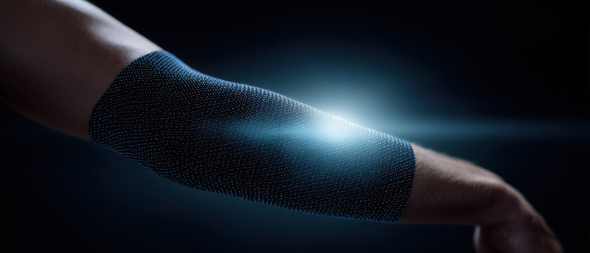 Smart temperature regulating fabric, close up of futuristic wearable technology on arm, innovative textile, glowing effect, modern health accessory