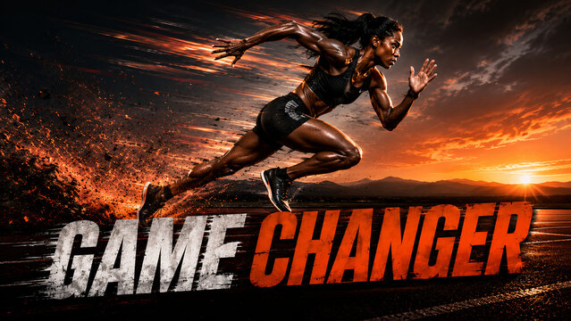 A powerful female sprinter sprinting dynamically during a golden sunset with large "GAME CHANGER" text below