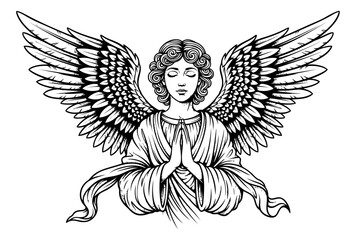 Obraz premium Engraving illustration of a praying angel depicting serene winged figure with hands clasped for religious and spiritual design