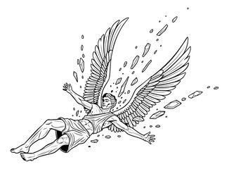 Obraz premium Line art illustration of Icarus falling depicting winged figure with disintegrating feathers for mythology and tattoo design