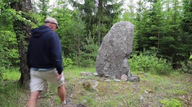 Arno, Sweden A man walks up to an 11th-century rune stone, Rune-stone U691, in the forest on the island of Arno in Lake Malaren. 