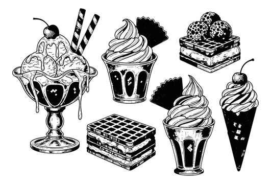 Engraving icon set of 7 ice cream desserts featuring sundae, soft serve, waffle cone, waffle stack and parfait for cafe menu design