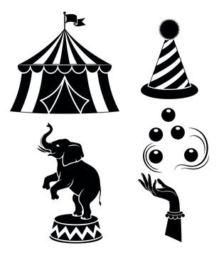 Silhouette icon set of 4 circus elements featuring big top tent, party hat, elephant and juggling hand for entertainment design