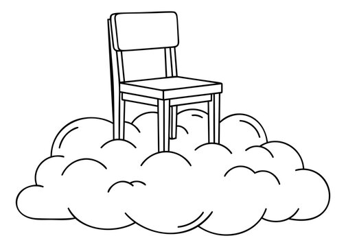Outline illustration of a chair on clouds depicting a heavenly floating seat for spiritual and conceptual design