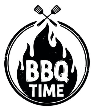 Vintage stamp illustration of BBQ time badge depicting crossed spatulas and fire flames for grilling and barbecue design