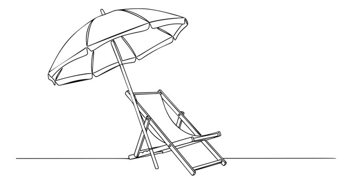 Continuous line art illustration of beach chair and umbrella depicting summer relaxation for travel and vacation design