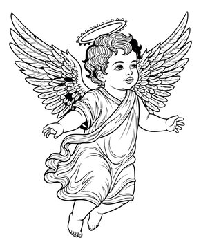 Line art illustration of a cherub angel depicting a flying infant with halo and wings for religious and spiritual design