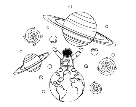 Line art illustration of astronaut standing on Earth depicting space exploration with planets and galaxies for science and education design