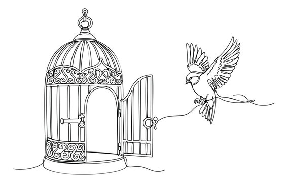 Continuous line art illustration of a bird escaping an open ornate cage depicting freedom and liberation for motivational design