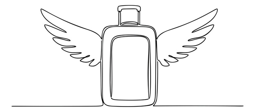 Continuous line art illustration of a travel suitcase with wings depicting freedom and adventure for tourism and travel design