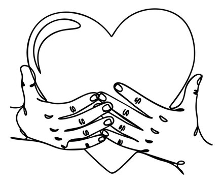 Line art illustration of two hands holding a heart depicting care and love gesture for charity and healthcare design