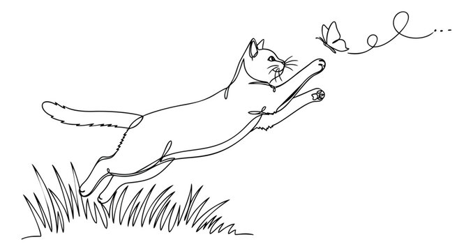 Line art illustration of a playful cat leaping depicting feline chasing a butterfly for pet and nature design