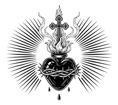 Engraving illustration of sacred heart depicting crown of thorns cross and flames with radiant rays for religious design