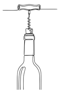Line art illustration of wine bottle depicting cork removal with corkscrew for food and beverage design