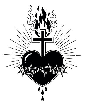 Bold silhouette illustration of sacred heart depicting cross flames and crown of thorns for religious and tattoo design