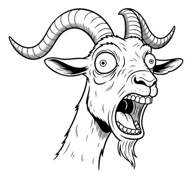Cartoon illustration of a screaming goat head depicting wild open mouth expression for mascot and humor design