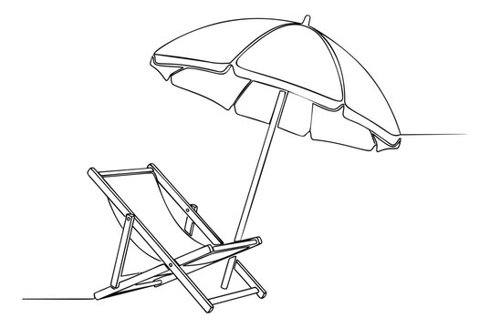 Line art illustration of beach chair and umbrella depicting summer relaxation scene for travel and vacation design
