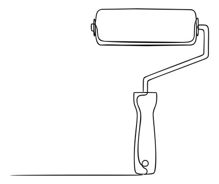 Continuous line art illustration of a paint roller depicting a single line drawing tool for home renovation and painting design
