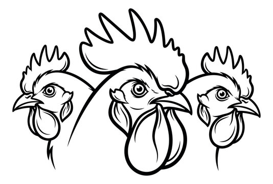 Line art illustration of three rooster heads depicting a bold poultry mascot group for farm and food design