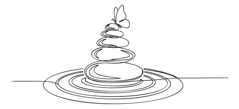 Continuous line art illustration of stacked zen stones with butterfly depicting balance and tranquility for wellness and spa design