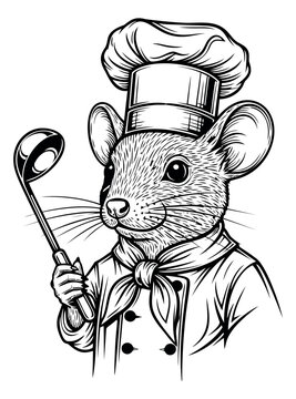 Engraving illustration of a mouse chef depicting an anthropomorphic rat holding a ladle wearing a toque for culinary and restaurant design