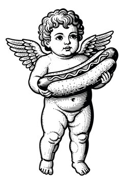 Engraving illustration of a cherub angel depicting a winged putto holding a large hot dog for food and humor design