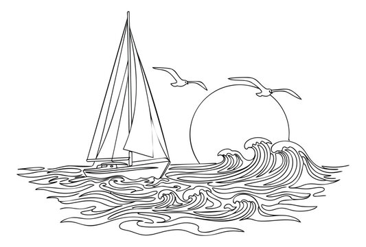 Line art illustration of sailboat on ocean waves depicting sunset seascape with seagulls for nautical and travel design