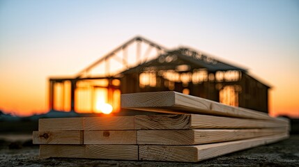 Fototapeta premium Stacked lumber in foreground against blurred house frame at sunset
