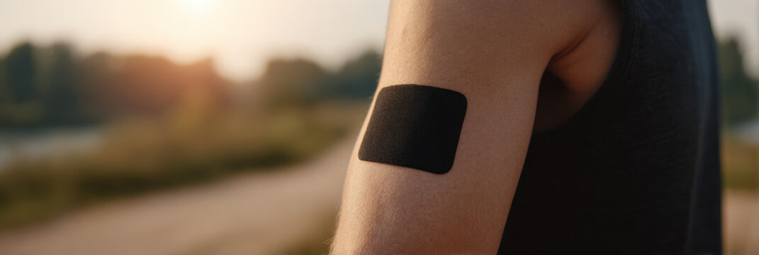 Person wearing black smart skin sensor patch on upper arm outdoors, monitoring health data, fitness technology, wellness, and modern medical innovation in natural sunlight
