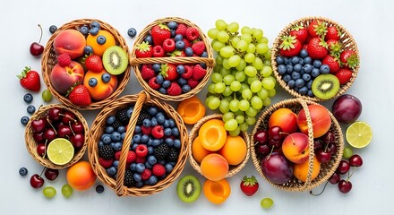 Fototapeta premium Top view of assorted fresh fruits and berries in wicker baskets on a white background