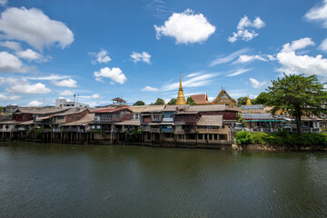 Fototapeta premium The old waterfront community. Chanthaburi Old Town Waterfront, Landmark with old building village in Chanthaburi Thailand.