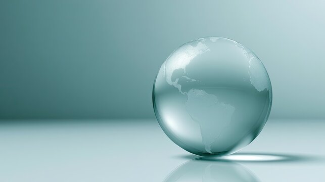A translucent glass globe with etched continents rests on a reflective surface