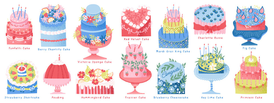 Cakes and desserts. Pastry shop. Vector isolated illustrations of a birthday cake with candles, wedding cake, berry, red velvet, cheesecake, fig, biscuit,  pudding, and cupcakes for icon, bakery