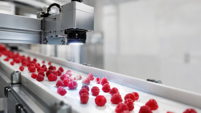 Automated machine vision technology inspects fresh raspberries on conveyor belt ensuring quality and efficiency in food processing