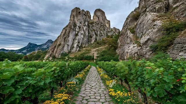 The vineyard at the foot of the cliffs, with the castle ruins in the background, provides a picturesque setting for advertising wine tours and culinary trips.
