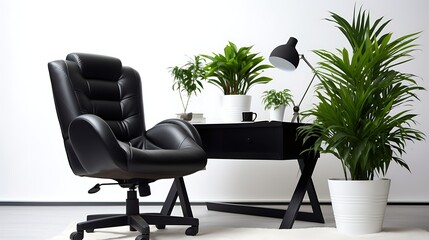 Fototapeta premium Black leather office chair with desk and plants
