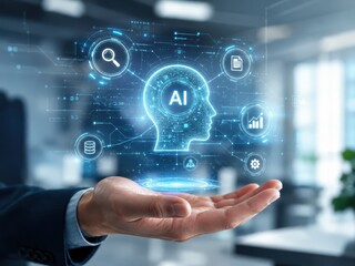 Fototapeta premium AI Innovation Hand: A human hand cradles a luminous AI interface, projecting a glowing head silhouette and interconnected digital icons.