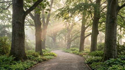 Fototapeta premium Misty botanical garden path at sunrise