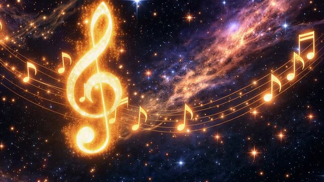 Glowing musical notes and treble clef floating through cosmic galaxy with celestial energy and light