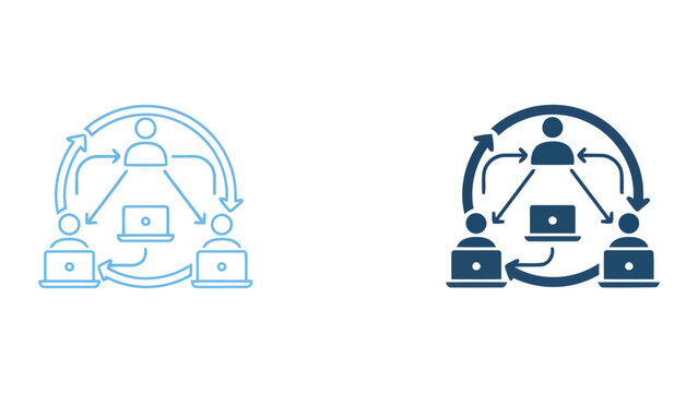 Digital communication and collaborative network icon set featuring team members with laptops and circular connection arrows for remote project management and online workflow vector graphic design