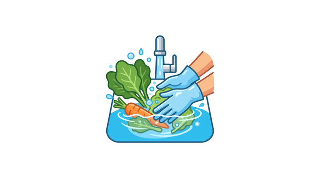 Gloved hands washing fresh vegetables in a kitchen sink.