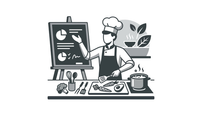 A professional chef presenting culinary data and statistics on a blackboard in a kitchen.