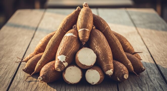 Freshly Harvested Cassava Roots Pile on Wooden Table.